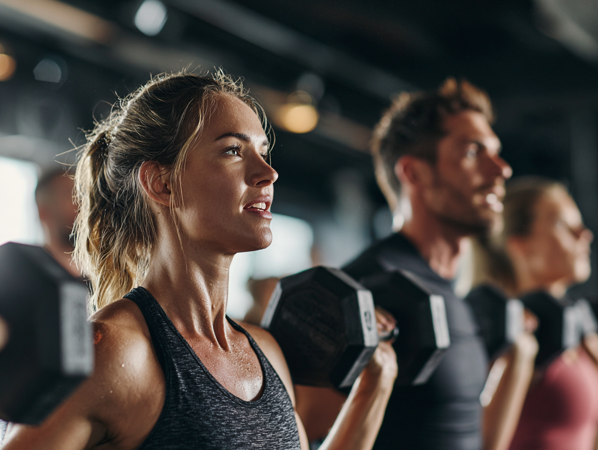 Група людей різного віку займається спортом на свіжому повітрі